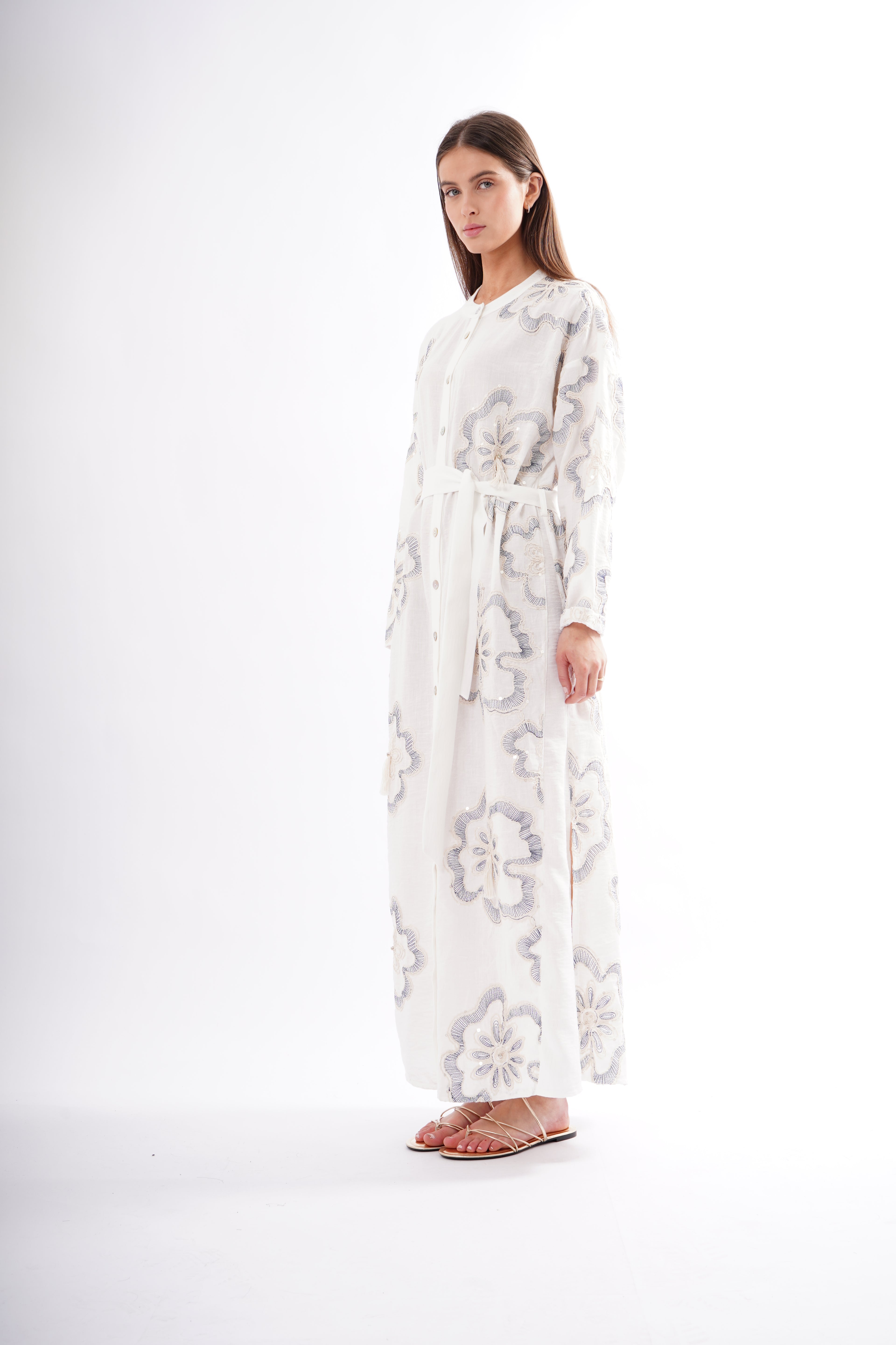 ÇİÇEK PAYETLİ KETEN ELBİSE