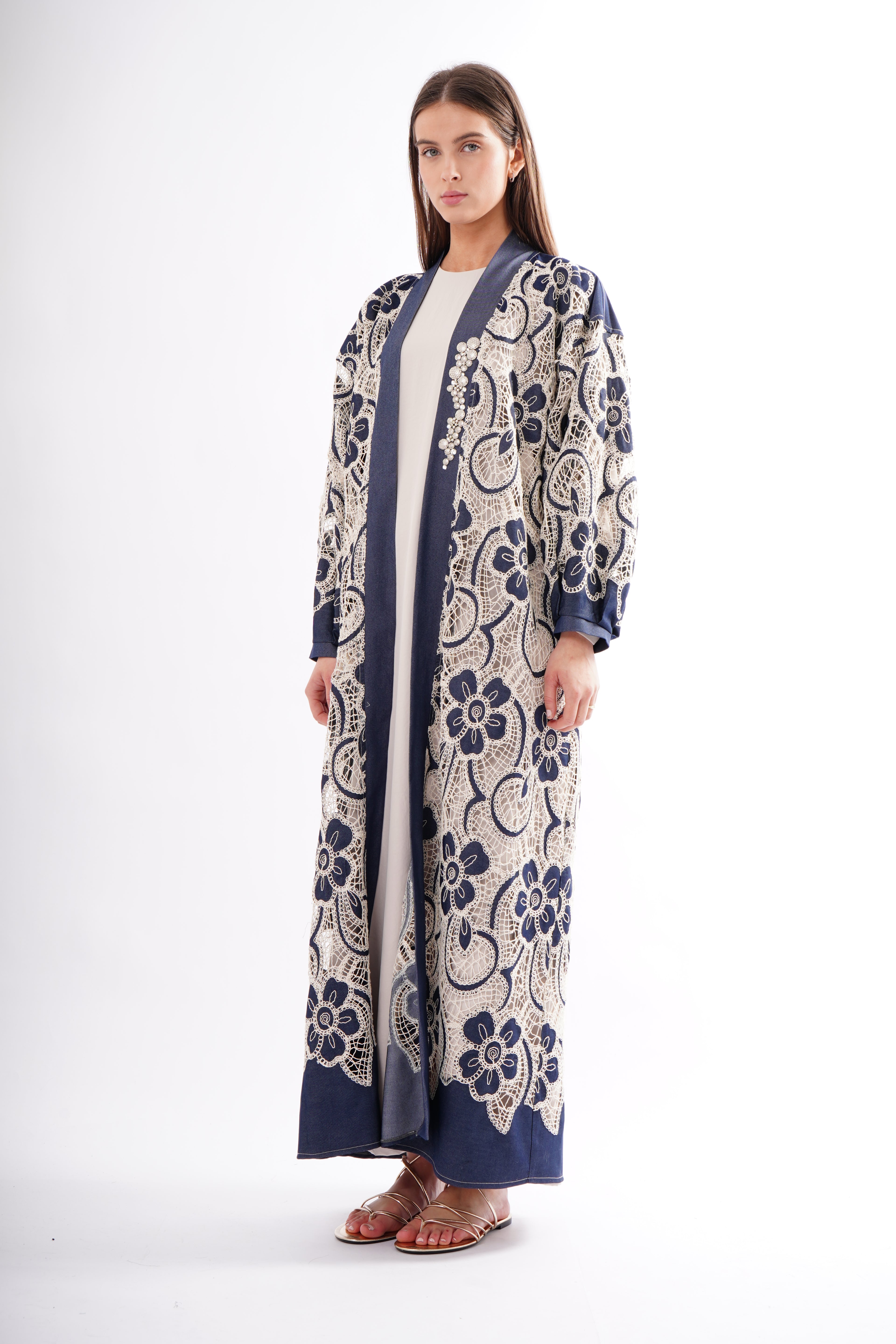 BONCUK İŞLEMELİ DENİM DANTEL KAFTAN