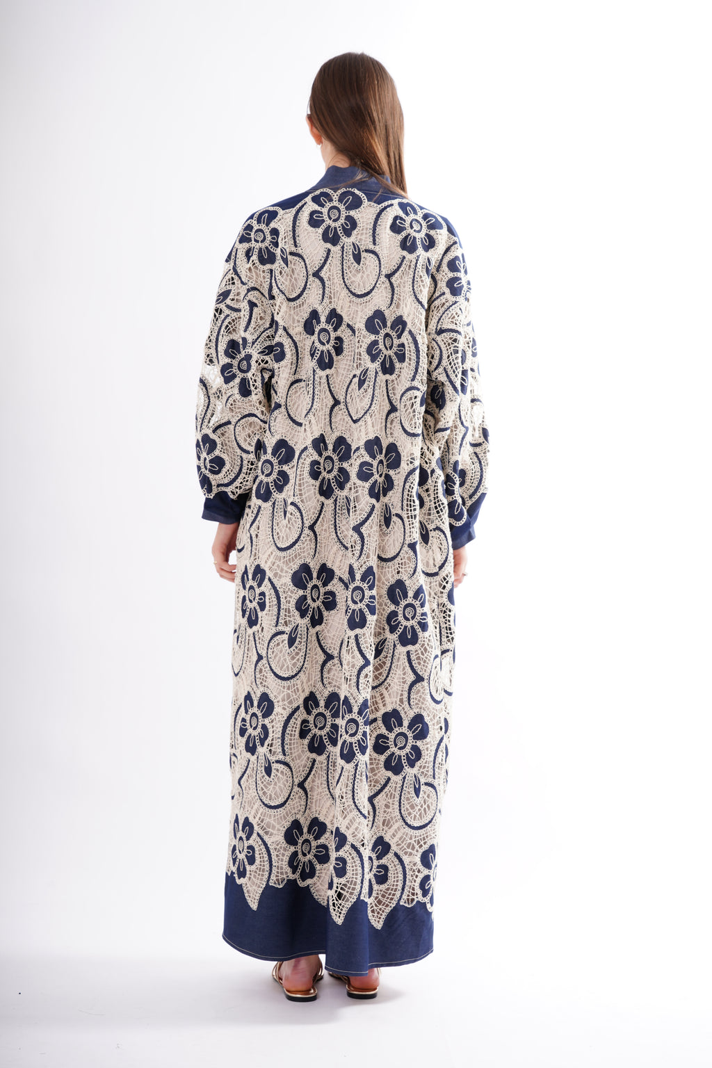 BONCUK İŞLEMELİ DENİM DANTEL KAFTAN