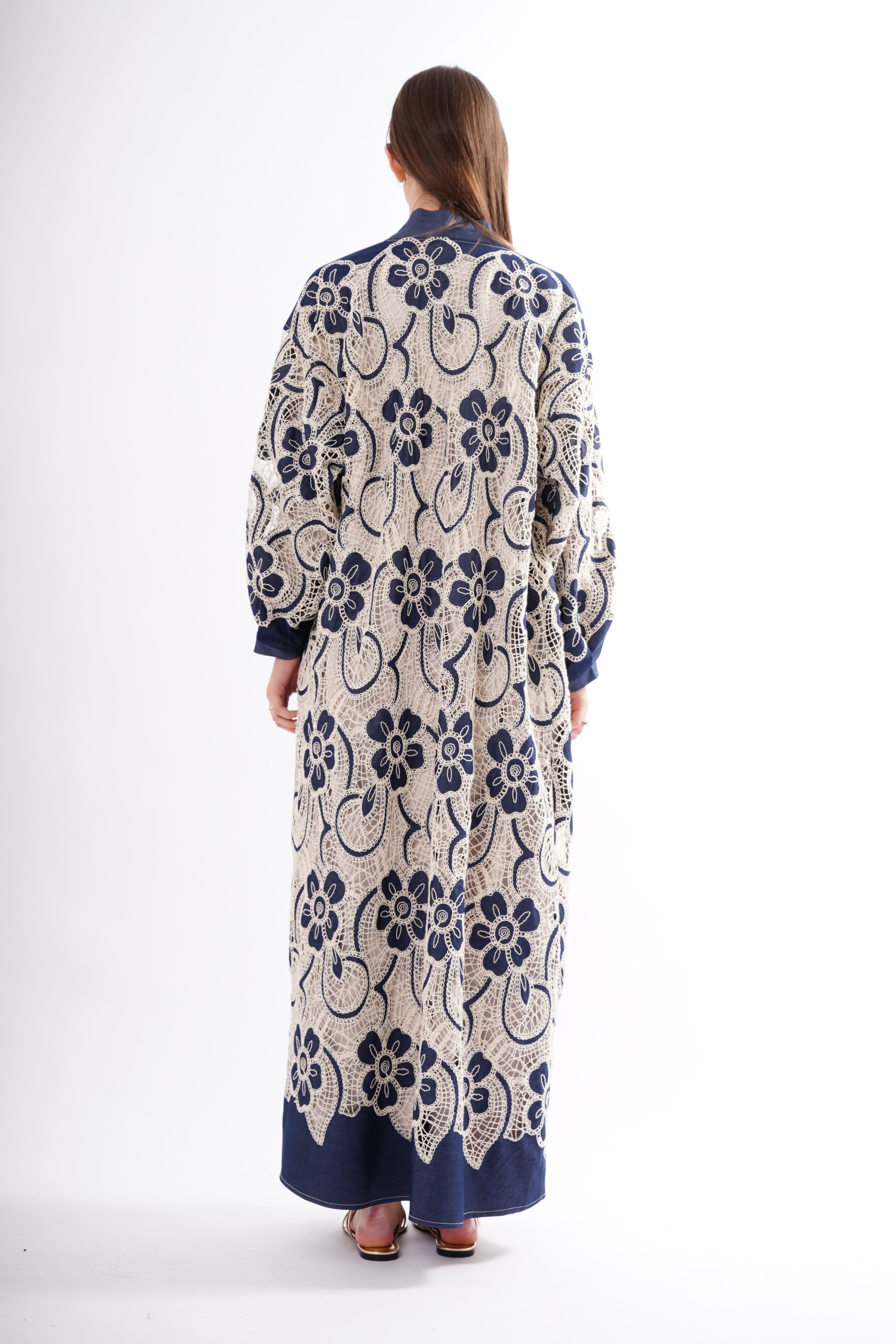 BONCUK İŞLEMELİ DENİM DANTEL KAFTAN