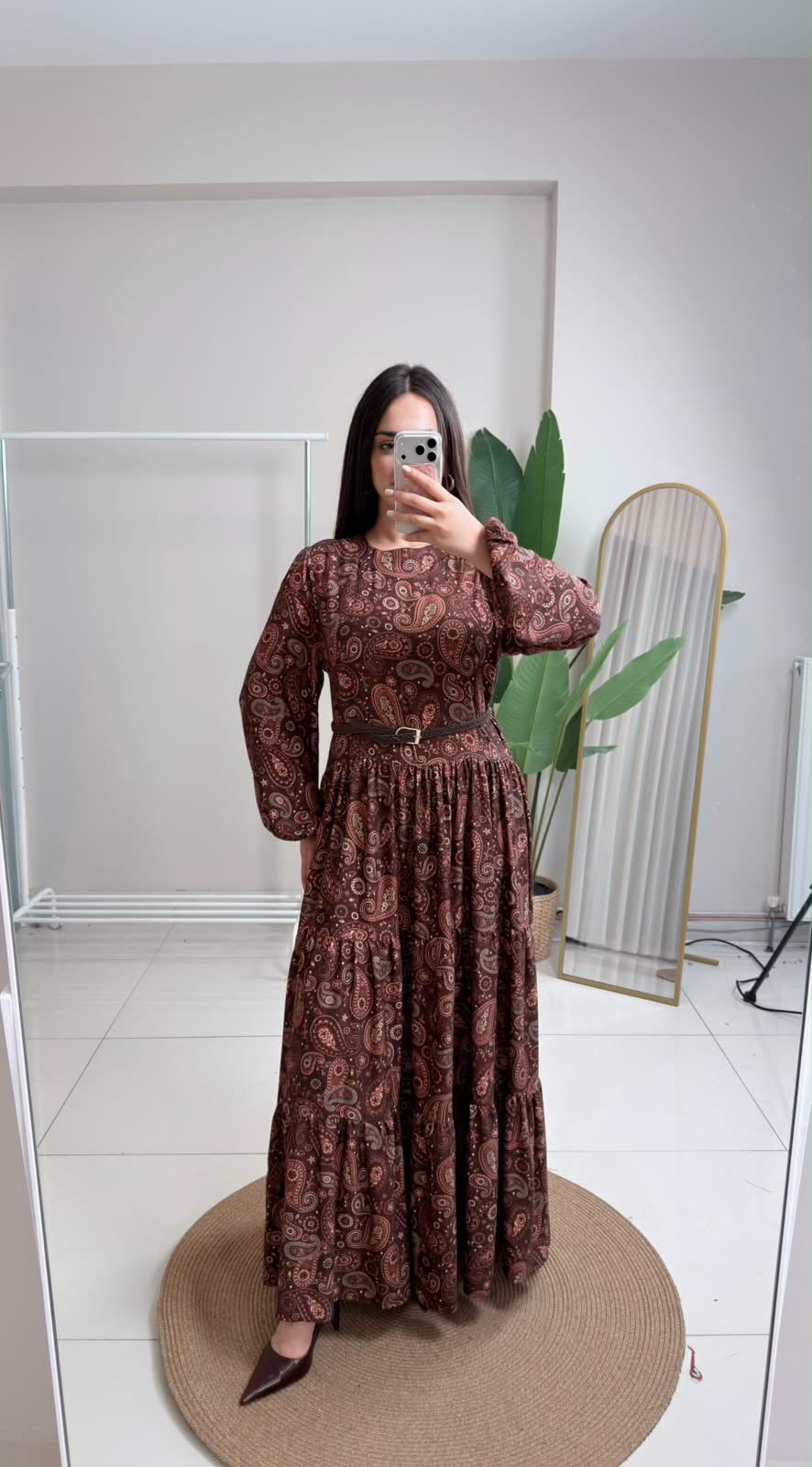 BELDEN KEMERLİ ŞAL DESEN ELBİSE