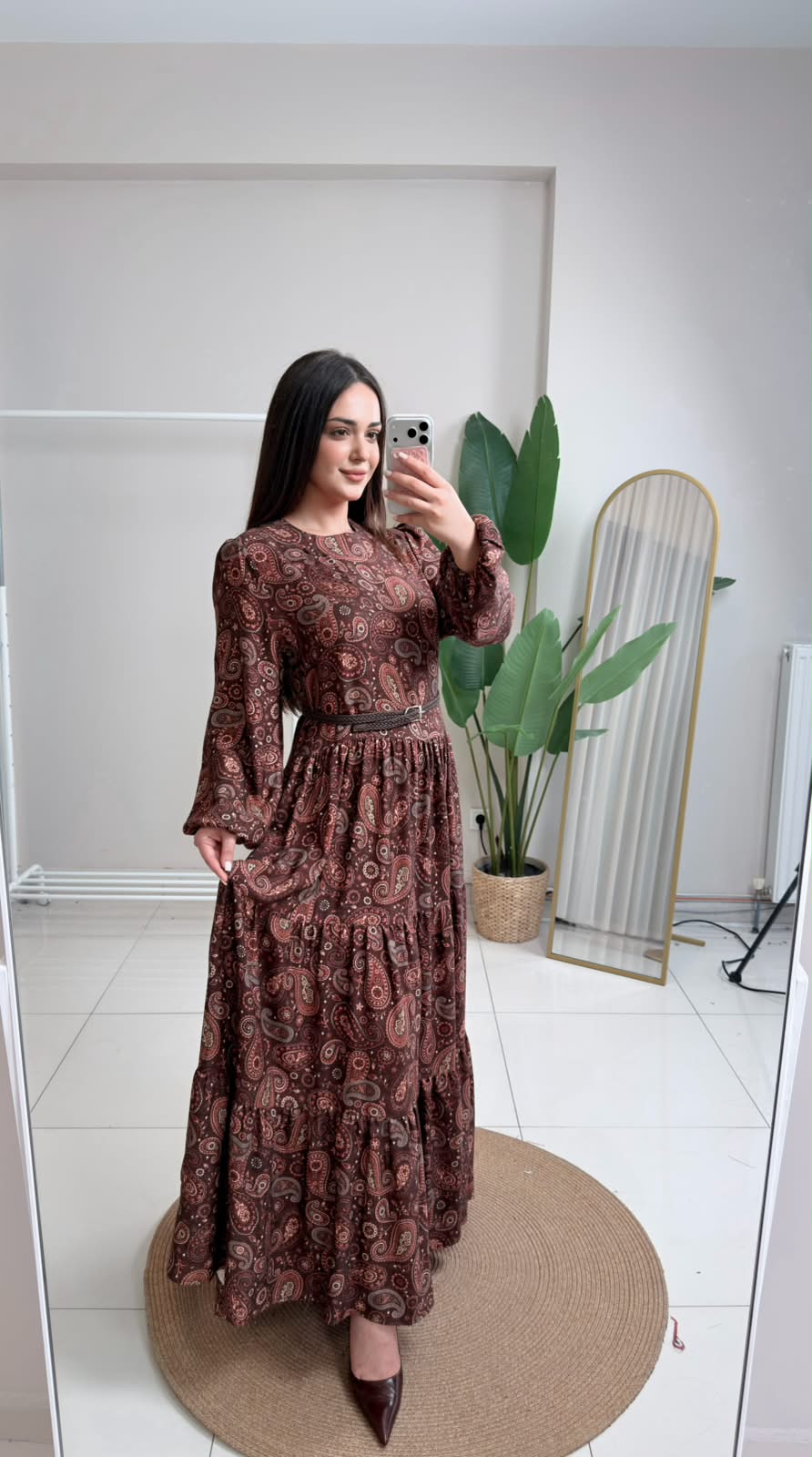 BELDEN KEMERLİ ŞAL DESEN ELBİSE